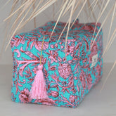 Blockprint toiletry bag Fez blue pink flower L